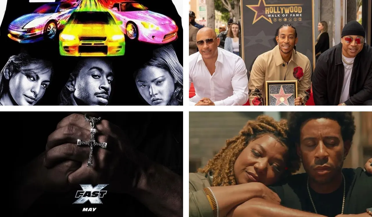 A 2x2 grid of photographs from Ludacris's career in film and TV, including two from the Fast & Furious franchise.