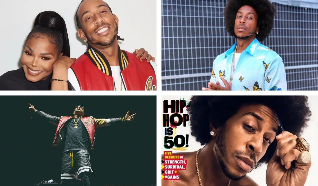 A 2x2 grid of photographs from Ludacris's musical career, including the Sep 2023 cover of Men's Health celebrating the 50th anniversary of hip-hop.